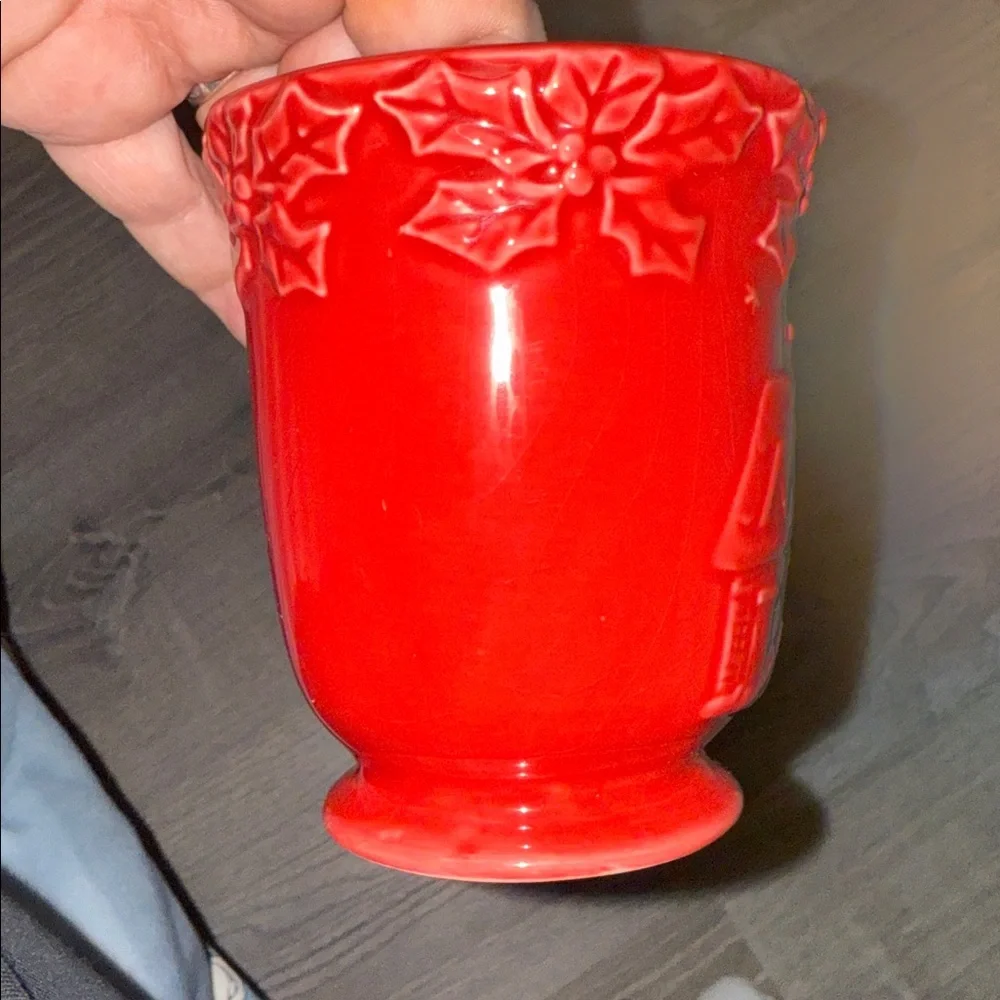 William Sonoma Red Holiday Mug with Embossed House with Sled Design